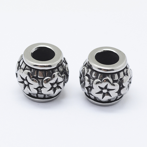 

PandaHall 316 Surgical Stainless Steel European Beads, Large Hole Beads, Rondelle with Flower, Antique Silver, 10.5x10mm, Hole: 5mm 316...