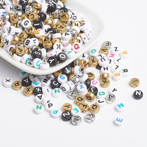 

PandaHall Acrylic Beads, Flat Round with Letter, Mixed Style, Mixed Color, 7x3.5mm, Hole: 1mm Acrylic Flat Round Multicolor