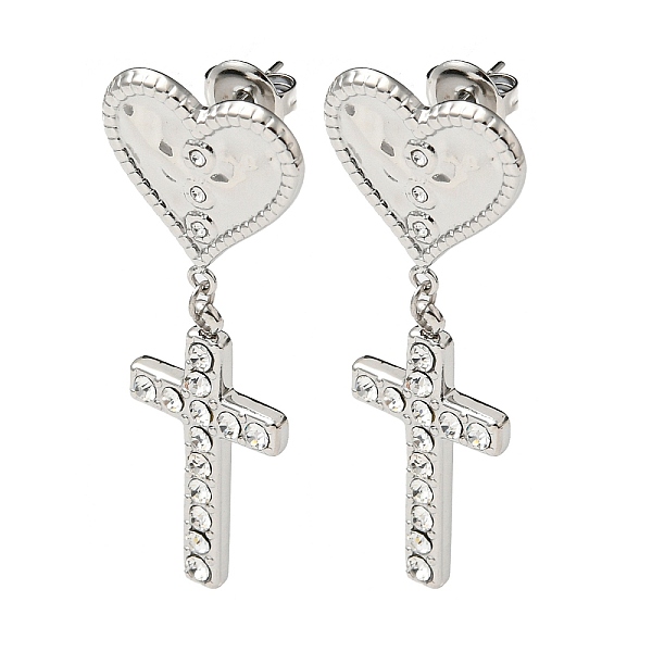 

PandaHall Heart with Cross 304 Stainless Steel Dangle Stud Earrings, with Crystal Rhinestone, Stainless Steel Color, 44x16.5mm Rhinestone...