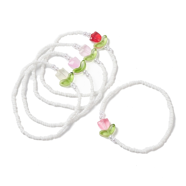 Stretch-Armband Aus Glassamen Und Bunte Malerei-Tulpenperlen