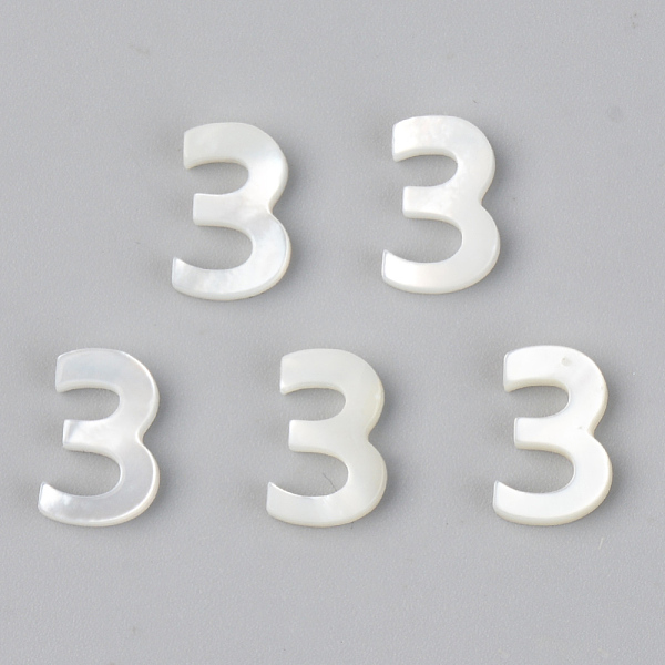 

PandaHall Natural White Shell Mother of Pearl Shell Charms, Number, Num.3, 10x7x2mm, Hole: 0.8mm White Shell Number White
