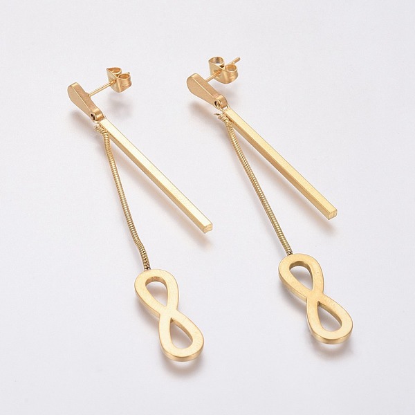 

PandaHall 304 Stainless Steel Dangle Stud Earrings, Hypoallergenic Earrings, with Snake Chain, Ear Nuts, Infinity & Bar, Golden, 72.5mm, Pin...