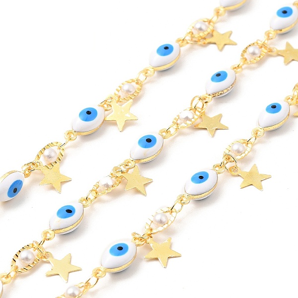 

PandaHall Enamel Horse Eye Link Chains, with Glass Pearl Beaded & Brass Star Charms, Real 18K Gold Plated. Soldered, Long-Lasting Plated..., White