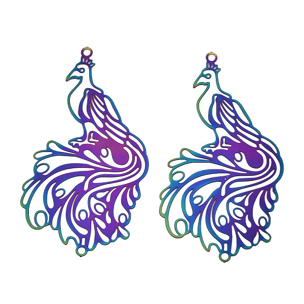 

PandaHall Ion Plating(IP) 201 Stainless Steel Filigree Big Pendants, Etched Metal Embellishments, Phoenix, Rainbow Color, 56x29x0.2mm, Hole...
