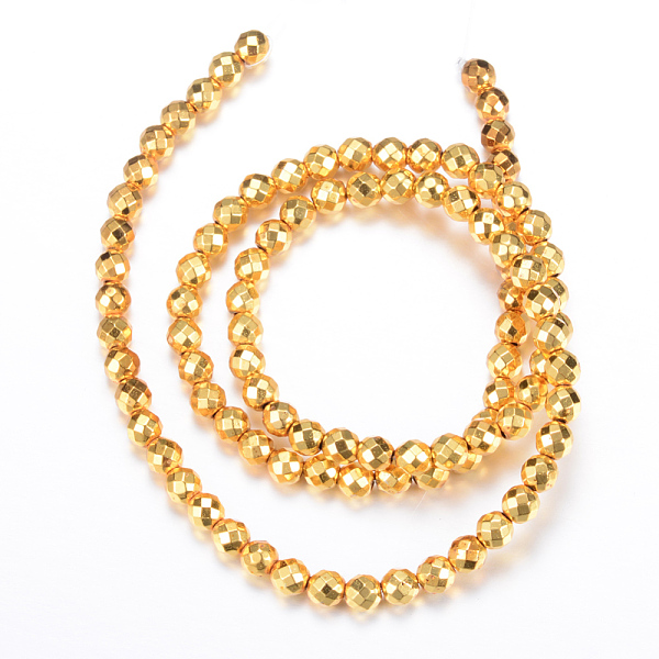 

PandaHall Electroplate Non-magnetic Synthetic Hematite Bead Strands, Round, Faceted, Golden Plated, 2mm, Hole: 1mm, about 200pcs/strand...