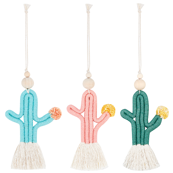 PandaHall CHGCRAFT 3Pcs 3 Colors Cactus Car Ornament Cotton Handmade Wall Hanging Diffuser Rear View Mirror Charm with Wooden Beads Colorful...