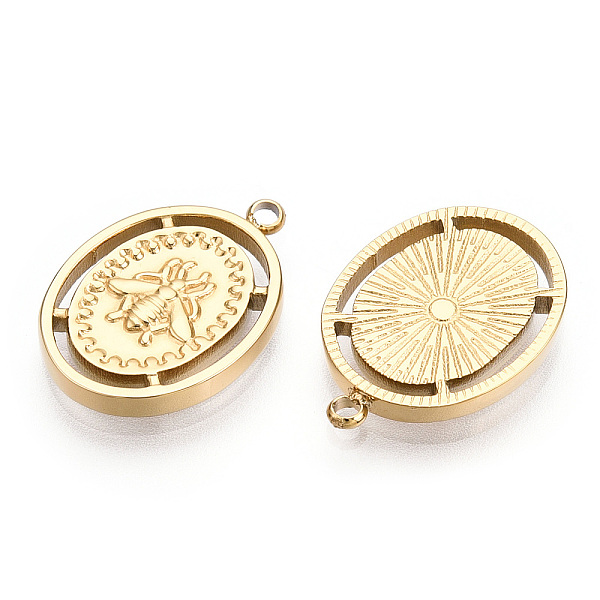 

PandaHall 304 Stainless Steel Pendants, Manual Polishing, Oval with Bees Charms, Real 14K Gold Plated, 18.5x13x2mm, Hole: 1.5mm 304...
