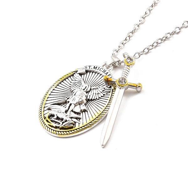 

PandaHall Two Tone Sword and Oval Shield Pendant Necklace, St. Michael Crystal Rhinestone Jewelry for Religion, Platinum & Light Gold, 19.09..., Clear