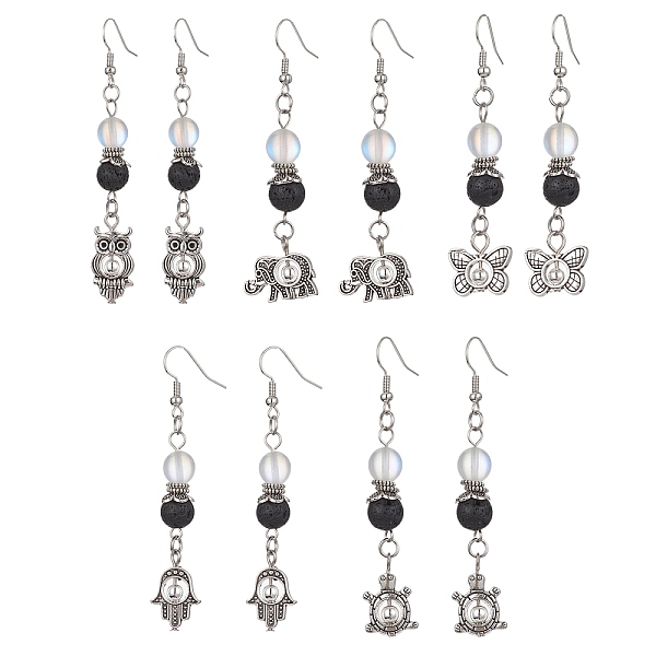 Natural Lava Rock Round Beaded Dangle Earrings