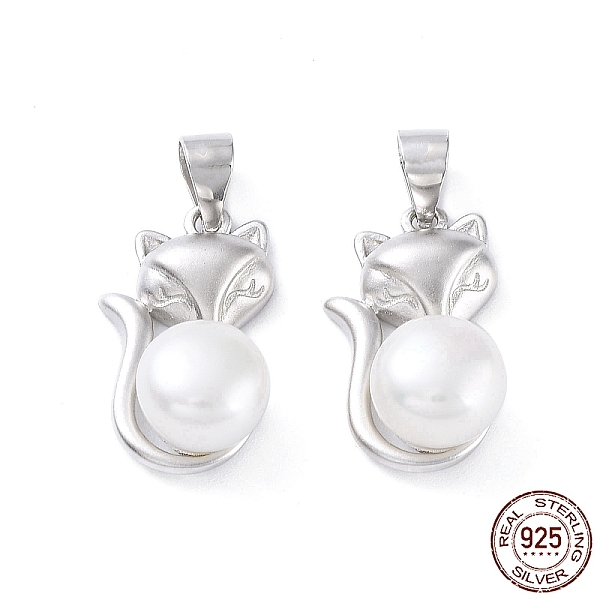 

PandaHall Rhodium Plated 925 Sterling Silver Pendants, with Natural Pearl Beads, Fox Charms, with S925 Stamp, Matte Platinum Color...