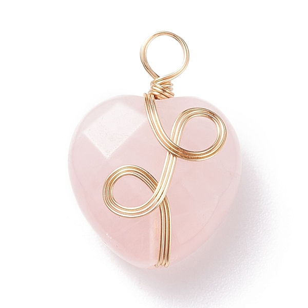

PandaHall Natural Rose Quartz Pendants, with Light Gold Tone Copper Wire Wrapped, Faceted, Heart, 21x15x8.5mm, Hole: 3.6mm Rose Quartz Heart