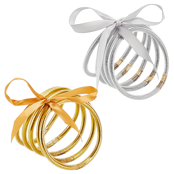

PandaHall AHADERMAKER 10Pcs 2 Colors Jelly Color PVC Plastic Bangle Sets, Glitter Powder Bangles with Polyester Ribbon for Women, Golden &...
