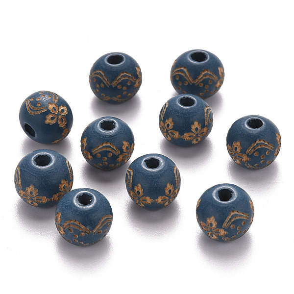 

PandaHall Painted Natural Wood Beads, Laser Engraved Pattern, Round with Flower Pattern, Steel Blue, 10x9mm, Hole: 3mm Schima Wood Round