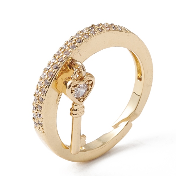 

PandaHall Clear Cubic Zirconia Heart Skeleton Key Charm Open Cuff Ring, Rack Plating Brass Chunky Ring for Women, Lead Free & Cadmium Free...