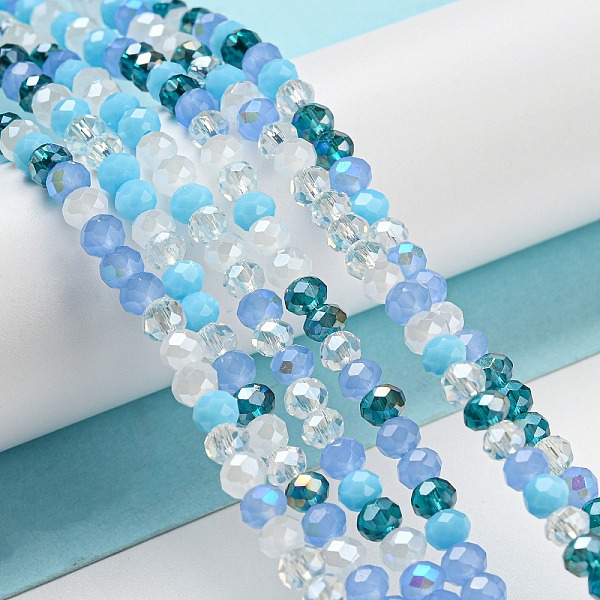 

PandaHall Glass Beads Strands, Faceted, Rondelle, Light Sky Blue, 4x3mm, Hole: 0.4mm, about 123~127pcs/strand, 15.75~16.5 inch(40~42cm)...