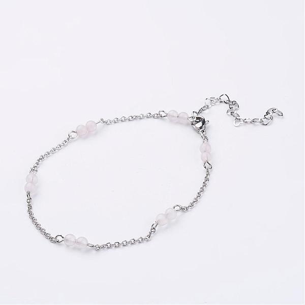 

PandaHall 304 Stainless Steel Chain Anklets, with Natural Rose Quartz Beads, 9-1/4 inch(235mm) Rose Quartz