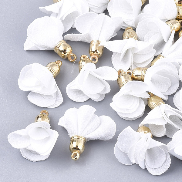 

PandaHall Cloth Pendants, with CCB Plastic, Flower, Golden, Creamy White, 24~27x15~25mm, Hole: 1.6mm Cloth Flower