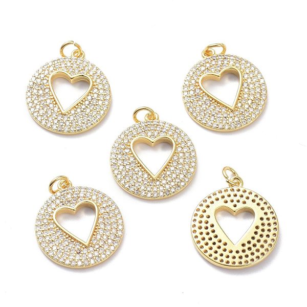 PandaHall Brass Micro Pave Clear Cubic Zirconia Pendants, with Jump Ring, Long-Lasting Plated, Flat Round with Heart, Real 18K Gold Plated...
