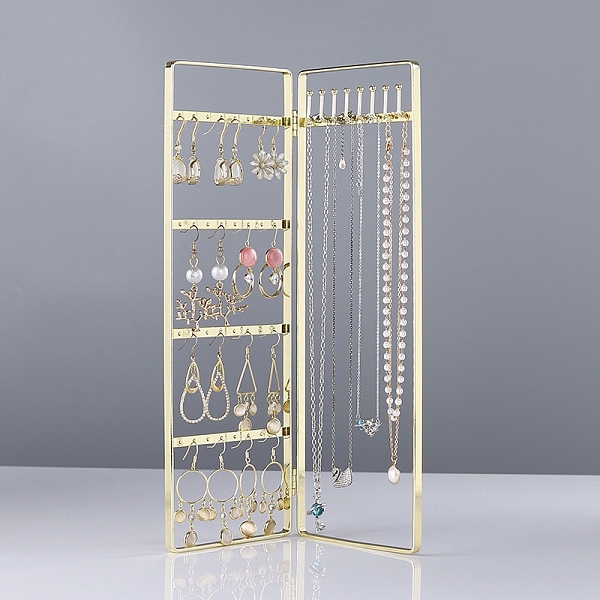 

PandaHall Foldable Iron Screen Earring Stands, 2 Panel Jewelry Organizer Rack for Earrings Necklaces Storage, Rectangle, Golden, 18x28x0.8cm...