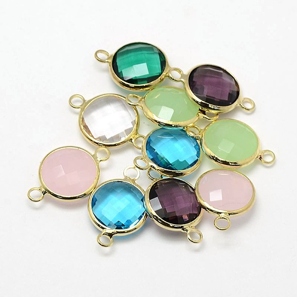 

PandaHall Golden Tone Brass Glass Links connectors, Flat Round, Mixed Color, 20x13x5mm, Hole: 2mm Glass Flat Round Multicolor