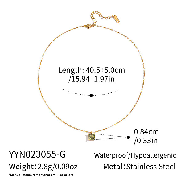Square Cubic Zirconia Pendant Necklaces with 304 Stainless Steel Real 18K Gold Plated Cable Chains for Women
