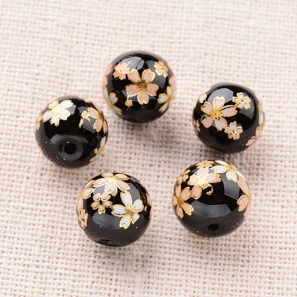 

PandaHall Flower Picture Printed Glass Round Beads, Black, 10mm, Hole: 1mm Glass Round Black