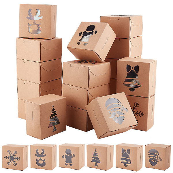 

PandaHall BENECREAT 24 Packs Brown Christmas Cookie Boxes, 3.94x3.94x2.48inch Kraft Cardboard Box with Xmas Decoration Shape Window for..., Orange