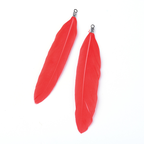 

PandaHall Goose Feather Pendants, Big Pendants, with Iron Findings, Platinum, Dyed, Red, 72~82x12~19mm, Hole: 1.5mm Feather Feather Red