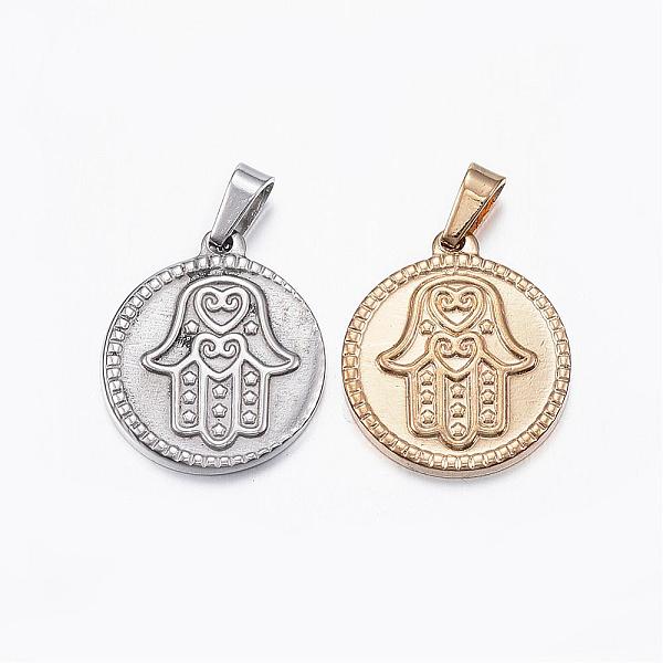 

PandaHall 304 Stainless Steel Pendants, Flat Round with Hamsa Hand/Hand of Fatima/Hand of Miriam, Mixed Color, 19.5x17x2mm, Hole: 5x3mm 304...
