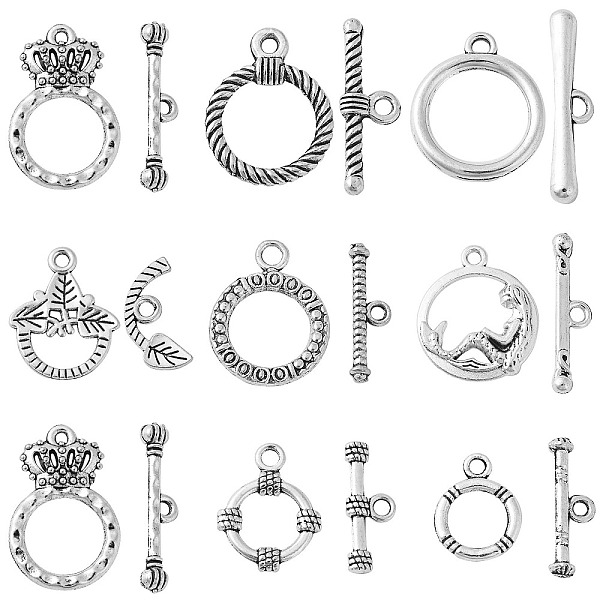PandaHall 80 Set 8 Styles Tibetan Style Alloy Toggle Clasps, Crown & Ring with Knot & Round Ring, Mixed Shapes, Antique Silver...