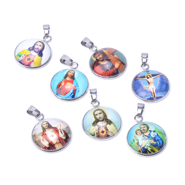

PandaHall Jesus Theme Glass Pendants, with 201 Stainless Steel Findings, Flat Round, Mixed Color, 26.5x22x6.5mm, Hole: 6x4mm Stainless..., Multicolor