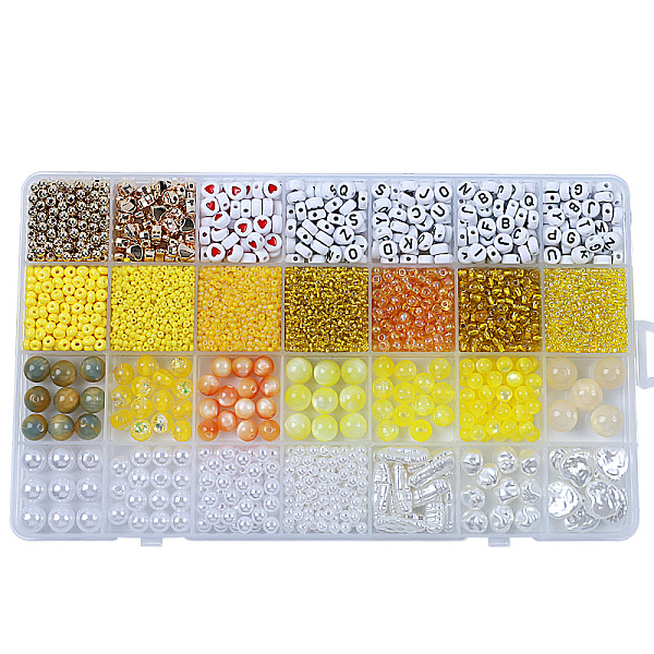 

PandaHall DIY 28 Style Resin & Acrylic & ABS Beads Jewelry Making Finding Kit, Flat Round & Rice & Barrel & Nugget & Heart & Strip, Yellow...