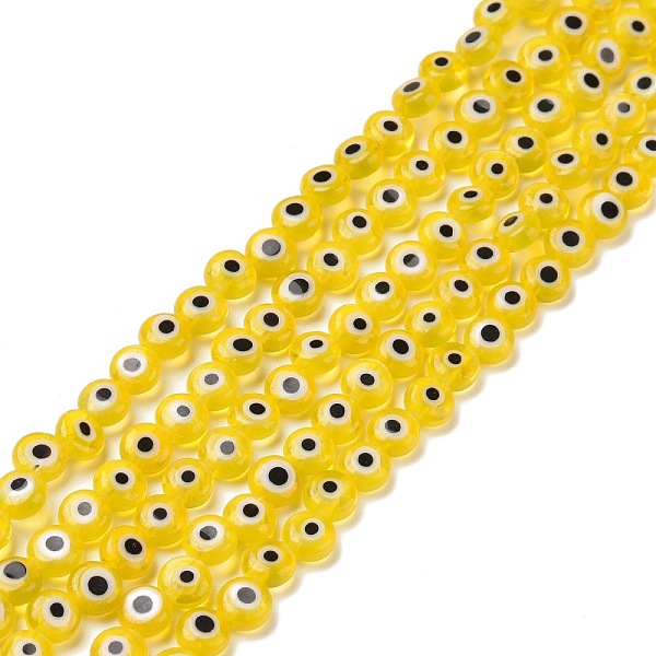 

PandaHall Handmade Lampwork Beads, Flat Round with Evil Eye, Yellow, 4.5x2.5mm, Hole: 0.6mm, about 90~100pcs/strand, 15.35''~15.75''...