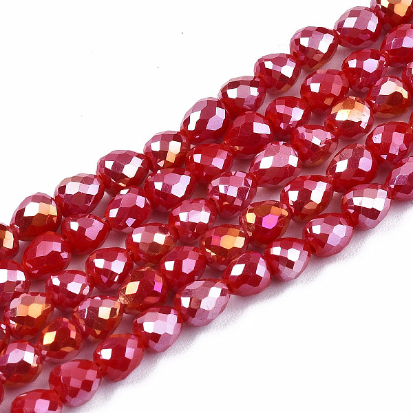 

PandaHall Opaque Glass Beads Strands, AB Color Plated, Faceted, Teardrop, FireBrick, 4.5x4.5mm, Hole: 1mm, about 99~101pcs/strand, 17.64..., Red