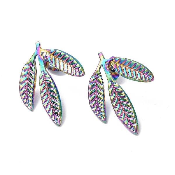 

PandaHall Ion Plating(IP) 304 Stainless Steel Leaf Stud Earrings for Women, Rainbow Color, 23x18mm, Pin: 0.7mm 304 Stainless Steel Leaf