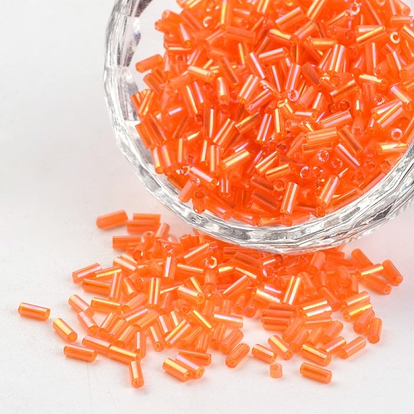 

PandaHall Glass Bugle Beads, Transparent Colours Rainbow, Orange Red, 3~5x1.8~2mm, Hole: 0.8mm, about 12000pcs/450g Glass Red