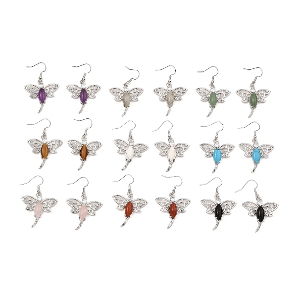 

PandaHall Natural & Synthetic Mixed Gemstone Dragonfly Dangle Earrings, Platinum Brass Earrings, 47x30mm Mixed Stone Dragonfly