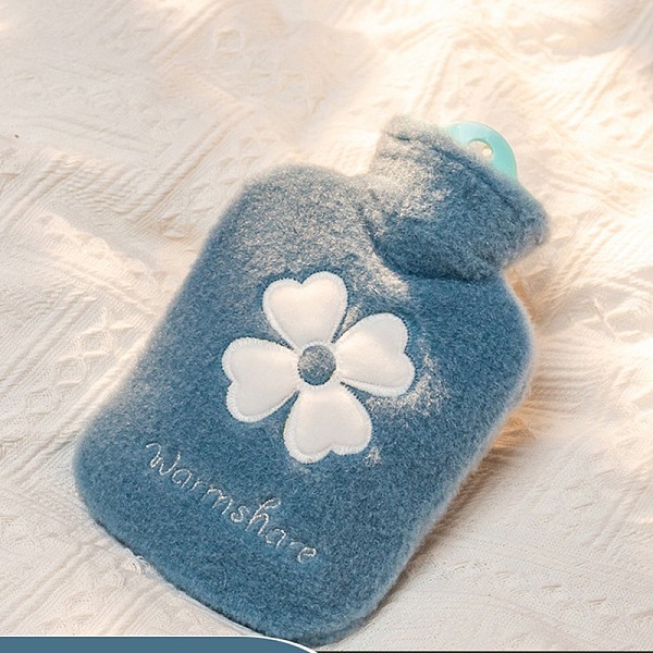 PandaHall PVC Hot Water Bottles with with Soft Fluffy Cover, Hot Water Bag, Clover Pattern, Steel Blue, 215x140mm, Capacity: 500ml(16.91 fl....