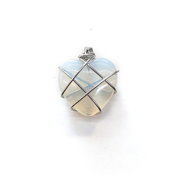 PandaHall Opalite Copper Wire Wrapped Pendants, Heart Charms, Silver Color, 20mm Opalite Heart