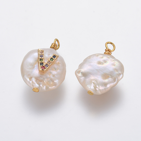 

PandaHall Natural Cultured Freshwater Pearl Pendants, with Brass Micro Pave Cubic Zirconia Findings, Flat Round with Letter, Colorful...