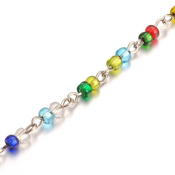 

PandaHall Handmade Glass Seed Beads Chains for Necklaces Bracelets Making, with Iron Eye Pin, Unwelded, Colorful, 39.3 inch Iron+Glass