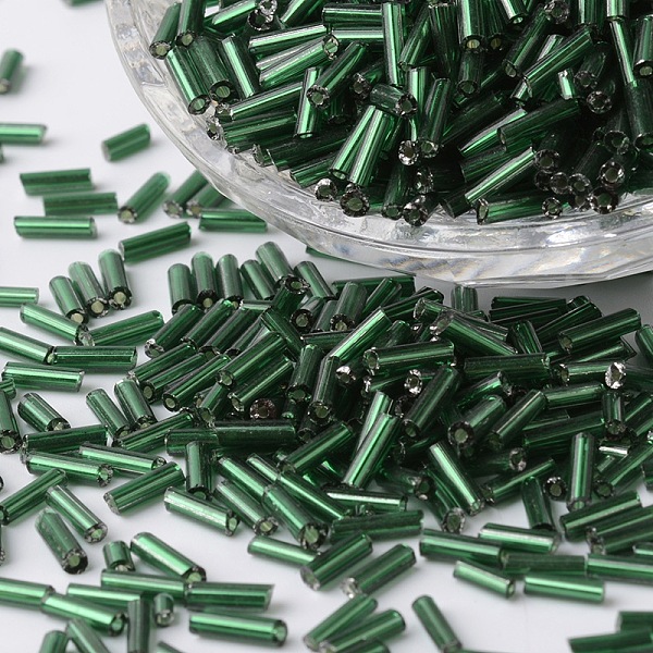 

PandaHall Silver Lined Glass Bugle Beads, Round Hole, Dark Green, 6~7x1.5~2mm, Hole: 0.5mm, about 12500pcs/bag Glass Green
