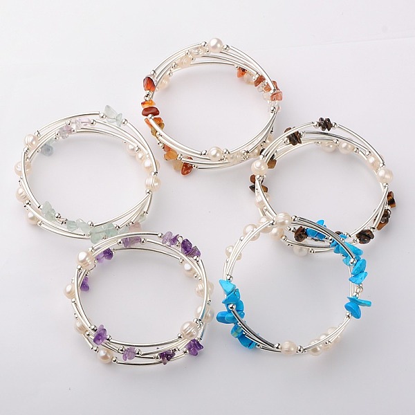 PandaHall Gemstone Chip Warp Bracelets, Silver and Platinum, Natural & Synthetic Mixed Stone, 53mm Mixed Stone Multicolor