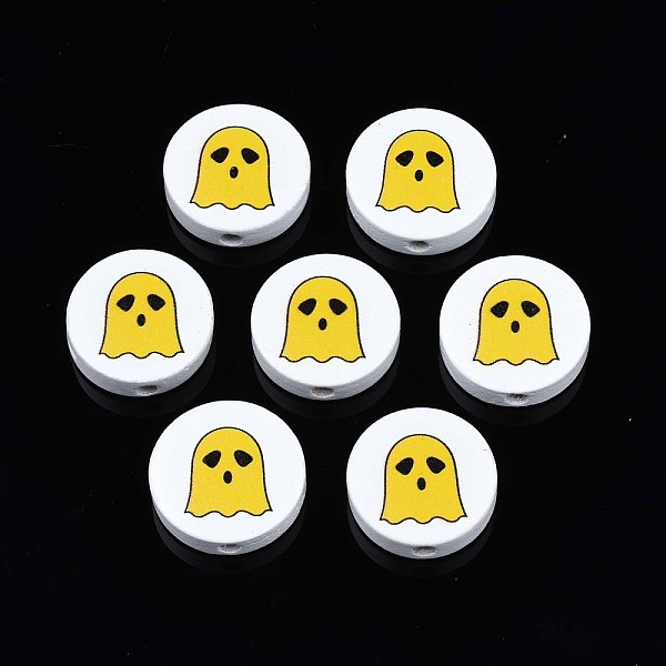 

PandaHall Halloween Printed Natural Wood Beads, Flat Round with Ghost Pattern, Gold, 19~20x5.9mm, Hole: 2~2.2mm Schima Wood Flat Round Gold