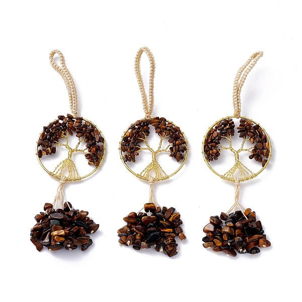 

PandaHall Wire Wrapped Chips Natural Tiger Eye Big Pendant Decorations, with Brass Wires and Nylon Cord, Flat Round with Tree of Life...
