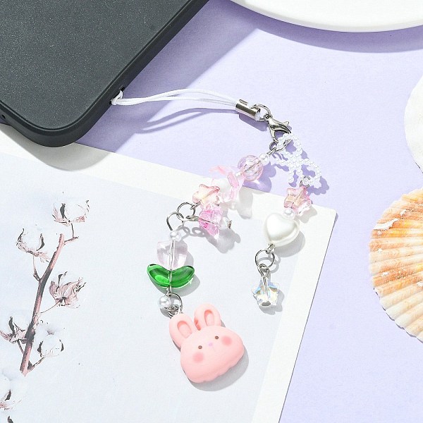 

PandaHall Resin Rabbit & Glass Beaded Mobile Straps, Nylon Cord Mobile Accessories Decoration, Pink, 16.2cm Glass Rabbit Pink