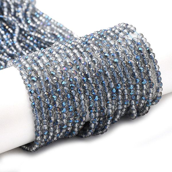 

PandaHall Transparent Electroplate Glass Beads Strands, Half Plated, Faceted Round, Blue Plated, 3x2.5mm, Hole: 0.7mm, about 149pcs/strand...