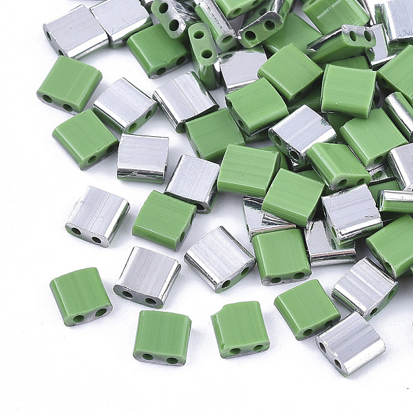 pandahall 2-hole glass seed beads, half platinum plated colours, square, light green, 5x4.5~5.5x2~2.5mm, hole: 0.5~0.8mm, about 1180pcs/bag...