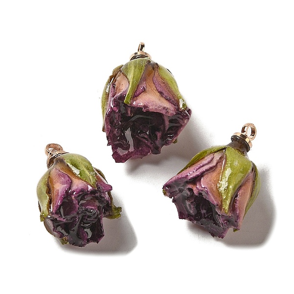 

PandaHall Preserved Rose with Golden Alloy Pendants, Orchid, 18.5~20.5x14~15x13~14.5mm, Hole: 2mm Alloy Flower Purple