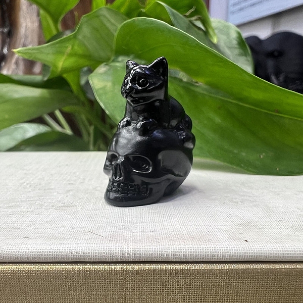 Natürlicher Obsidian-Totenkopf Mit Katzenfiguren